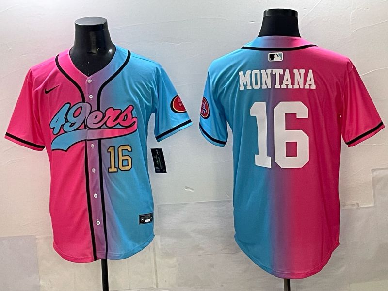 Men 2025 San Francisco 49ers #16 Montana Pink Blue Nike Limited NFL Jersey 05